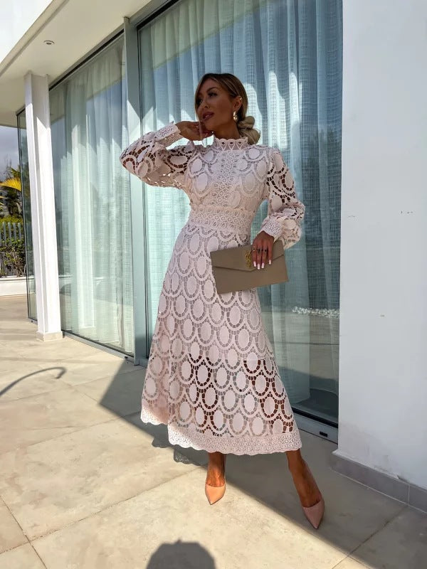 ALIRA - ELEGANT HIGH-NECK LACE MIDI DRESS