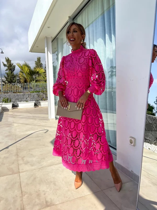ALIRA - ELEGANT HIGH-NECK LACE MIDI DRESS