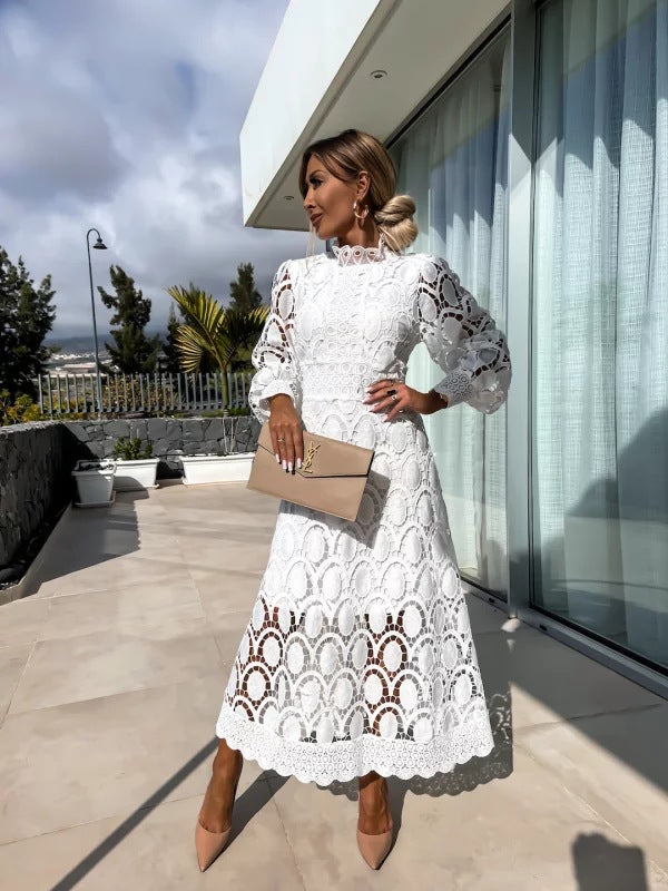 ALIRA - ELEGANT HIGH-NECK LACE MIDI DRESS