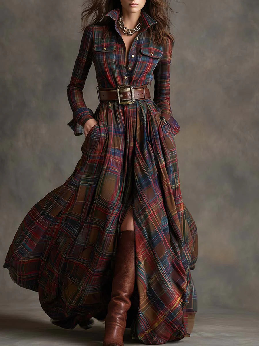PAMELA - RETRO LAPEL REDDISH BROWN PLAID MAXI DRESS