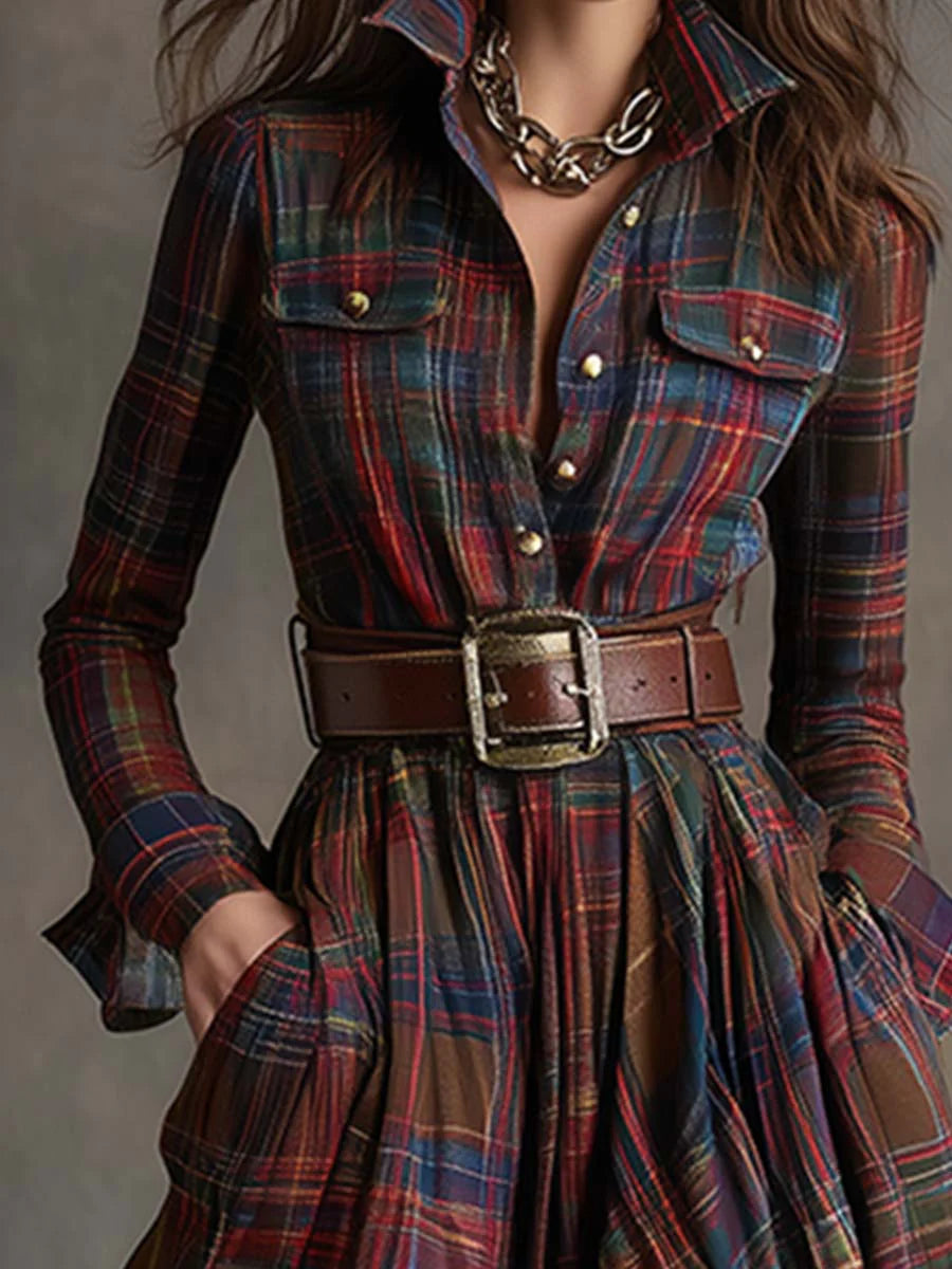 PAMELA - RETRO LAPEL REDDISH BROWN PLAID MAXI DRESS