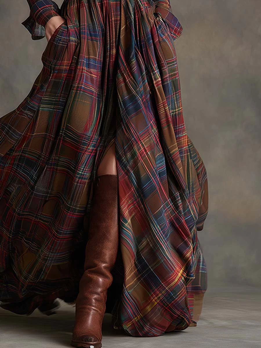 PAMELA - RETRO LAPEL REDDISH BROWN PLAID MAXI DRESS
